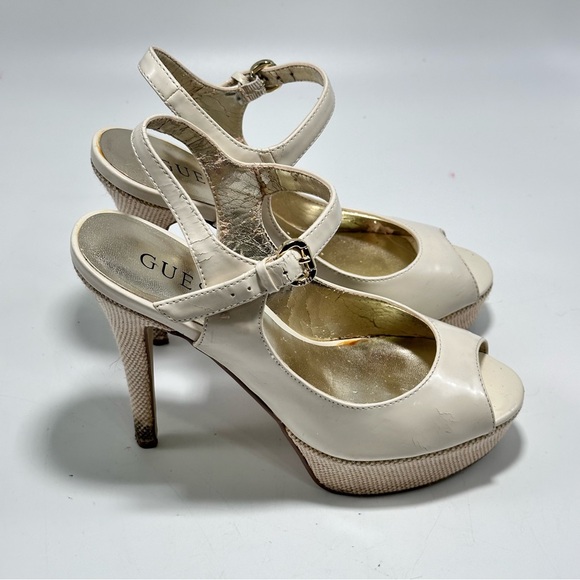 Guess Cream/Ivory Faux Patent Leather Platform Peep Toe High Heels - Size 6.5 W - Picture 5 of 8